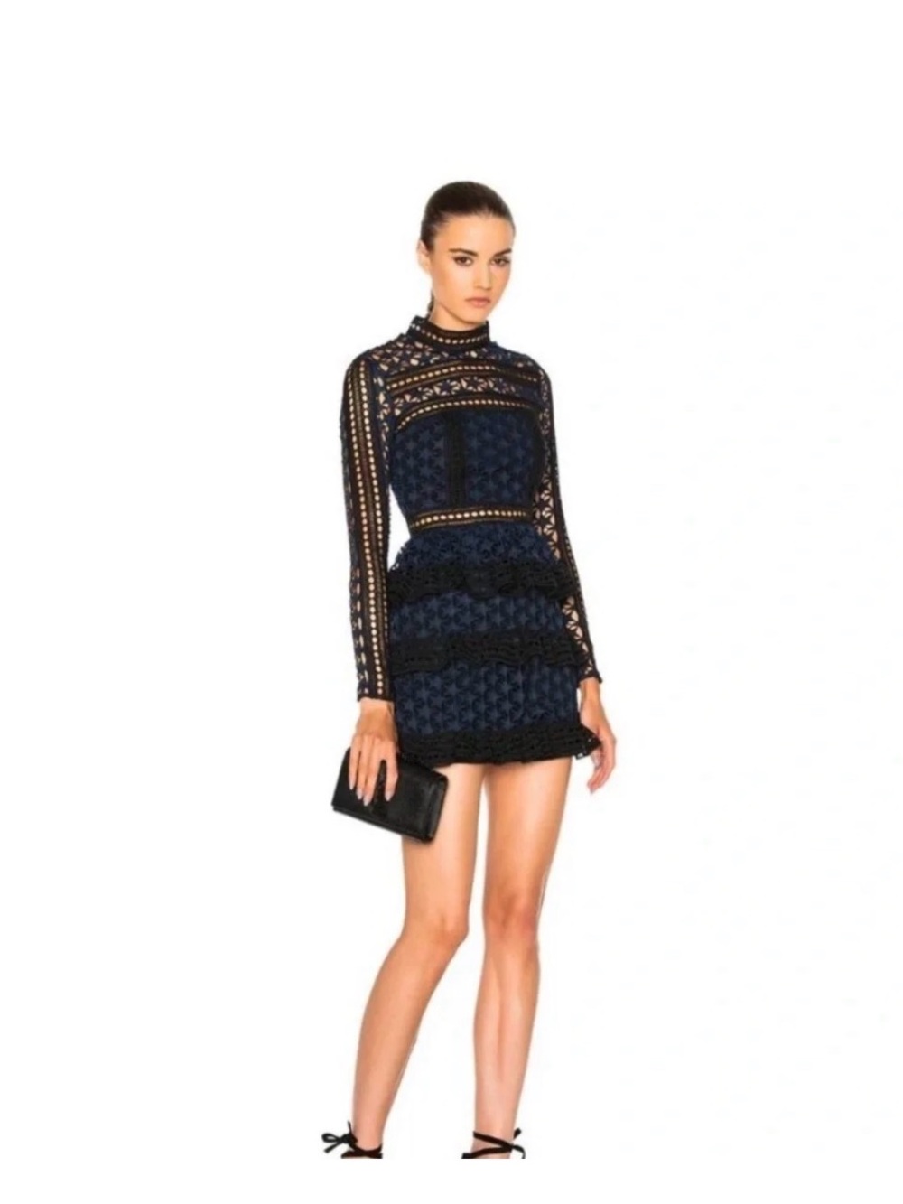 Lace Trim Navy and Black Long-Sleeve Mini Dress- brand:self portrait - brand new
